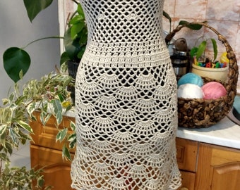 Handmade Crochet Cotton Dress: Beige Boho Knit Summer Dress