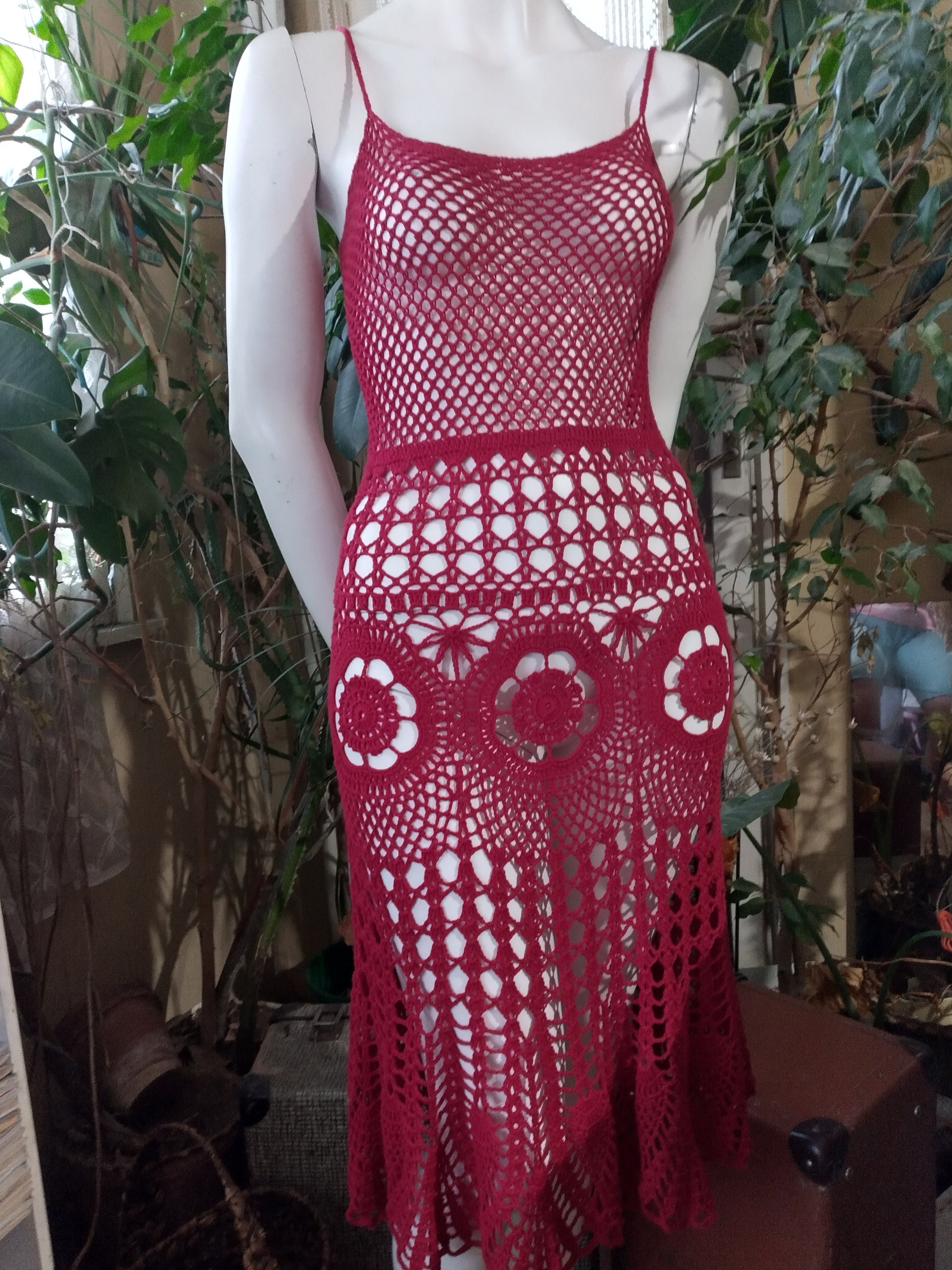 Crochet Wine Red Midi Dress: Handmade Cotton Bohemian Beach Dress