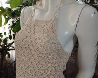 Crochet Handmade Halter Top: Cream Cotton Bohemian Blouse