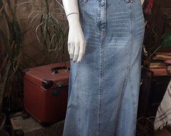 Vintage Long Denim Skirt: Soft Blue Cotton A-Line