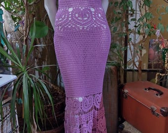 Hand-Crocheted Maxi Violet Short Sleeve Dress , Crochet Lace Dress
