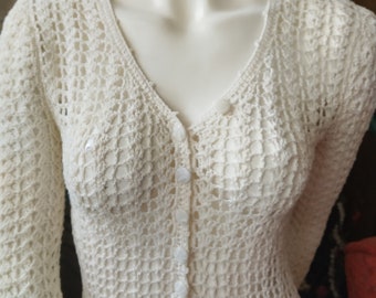 Crochet Vintage Maxi Wedding White Long Sleeves Dress , Knitted Dress, Costum Made to Order