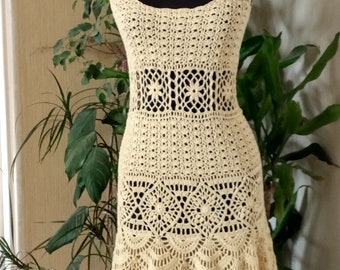 Hand- Crocheted Cotton Dress: Bohemian Yellow Lace Knit,Made to Order