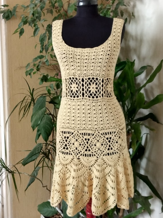 Hand- Crocheted Cotton Dress: Bohemian Yellow Lace Knit,made to Order - Etsy