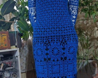 Handgehäkelte Baumwolle Blau Kleid: Boho Lace Knit, Made to Order
