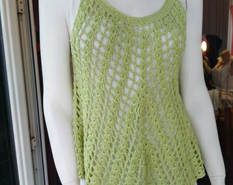 Camiseta de tirantes de algodón tejida a crochet: Vestido playero bohemio verde