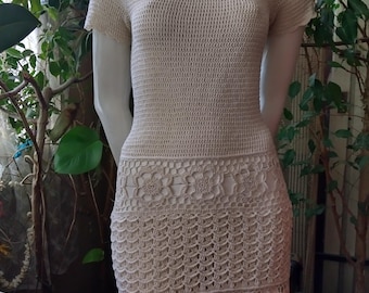 Hand-Crocheted Mini Cream Short Sleeve Dress , Crochet Lace Dress, Made to Order