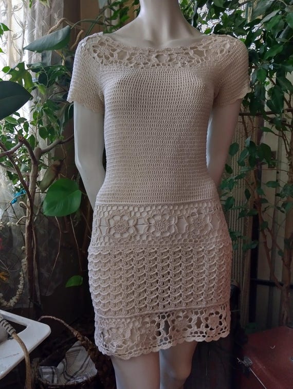 Hand-Crocheted Mini Cream Short Sleeve Dress , Crochet Lace Dress, Made to Order Hand-Crocheted Mini Cream Short Sleeve Dress , Crochet Lace Dress, Made to Order