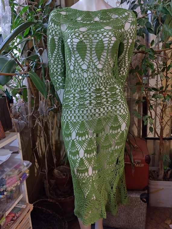 Crochet Handmade Grass Green 3/4 Sleeves Dress, Knitted Dress, Made to  Order - Etsy