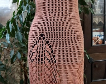 Handmade Crochet Cotton Dress: Peach Bohemian Knit Summer Dress