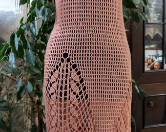 Robe de couleur pêche au crochet, robe d'été, robe faite à la main, robe Boho, robe hippie, vêtements au crochet, dentelle au crochet, robe en tricot