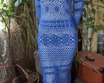 Handgehäkelte Baumwolle Blau Kleid: Boho Lace Knit, Made to Order
