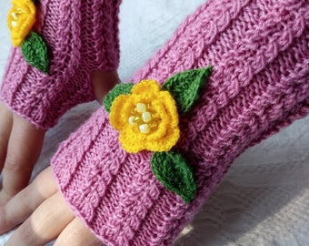 Knit Fingerless Gloves, Fingerless Mittens with Crocheted Flowers and Beads