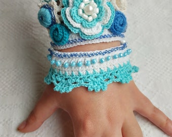 Crochet Handmade Cuff Bracelet: Blue Cotton Beaded Boho Jewelry