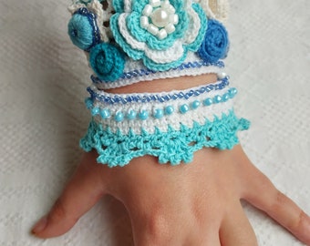 Crochet Cuff Bracelet, Blue Cuff Bracelet, Crochet Jewelry, Beaded Cuff Bracelet, Handmade Unique Gift, Boho bracelet