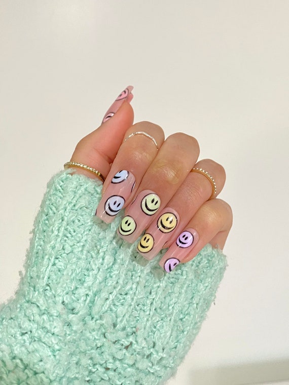 Pastel Smiles Smiley Face Nails Press On Nails Uk Etsy Ireland
