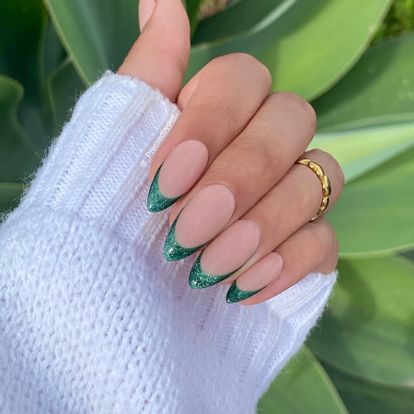 Green Cat Eye French Tips - Press on nails