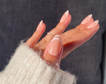 White Double French Tips | Handpainted Press on nails