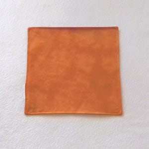 Könnte beinhalten: Ein orangefarbenes quadratisches Kissen mit einer weichen, samtigen Textur. Das Kissen ist einfarbig und hat ein schlichtes, minimalistisches Design. Das Kissen wird wahrscheinlich für die Heimdekoration verwendet.