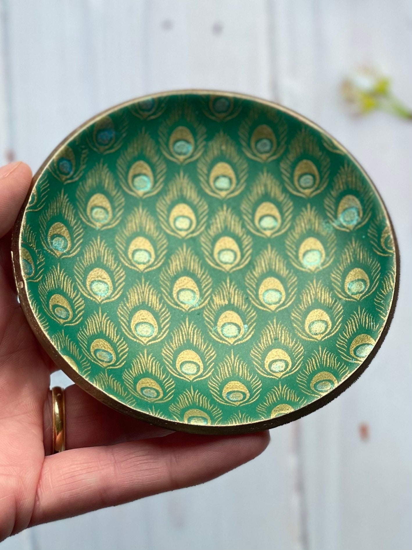 Peacock Trinket Tray in Emerald Green and Gold With Peacock Etsy