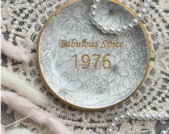 Personalised Birth Year Gift for Friend, Fabulous Since 1976, 50th Birthday Trinket Tray, Handmade Clay Dish with Floral and Gold Accents