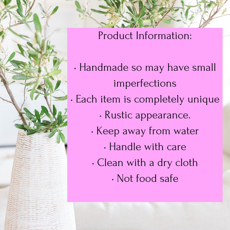 May include: A bright pink rectangular sign with black text that reads: Product Information: Handmade so may have small imperfections, Each item is completely unique, Rustic appearance, Keep away from water, Handle with care, Clean with a dry cloth, Not food safe.