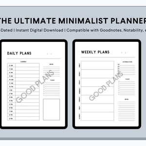 May include: Two digital planner pages, one for daily plans and one for weekly plans. The daily page has a time schedule from 6 AM to 8 PM with space for agenda items, notes, and tasks. The weekly page has space for a schedule, affirmations, tasks, and notes.