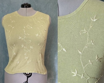 Plus Size / Bust 40 / Vintage 90s y2K Embroidered Kiwi Green Cotton Ramie Shell by Passports / XL 1X