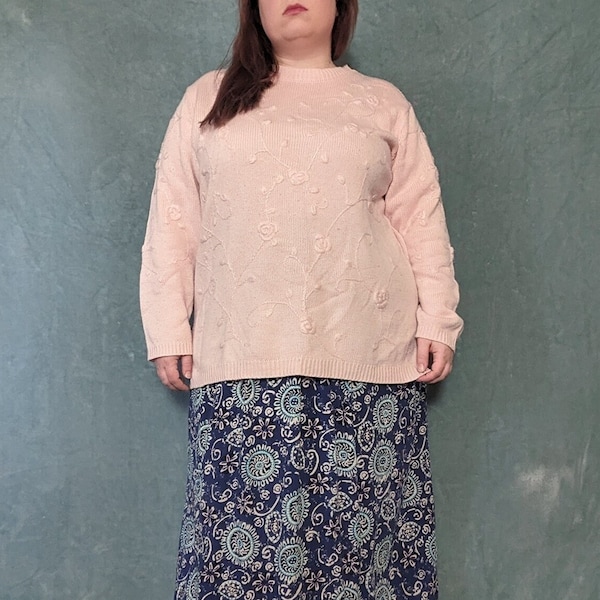 Plus Size / Bust 54 / Vintage Pink Embroidered Knit 80s 90s Sweater by Concepts Sportswear / 2X