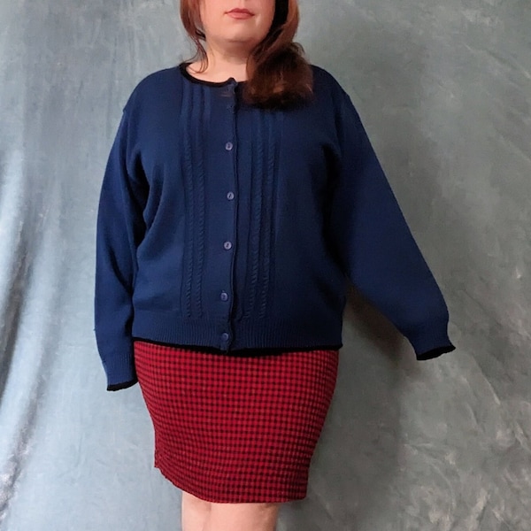 Plus Size / Bust 55 / Vintage 90s Blue and Black Button Cardigan Sweater by BFA Classics / 3X