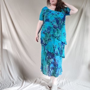 Plus Size / Bust 48 / Waist 54 / Hip 62 / Vintage Blue Green Dreamy Layered Dress by Phool / XL 1X