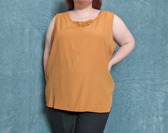 Plus Size / Bust 54" / Vintage 80s Mustard Yellow Lace Accent Camisole Tank by Capistrano / 26 3X