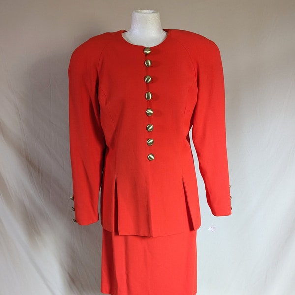 Vintage Red-Orange 80s 90s Gold Dome Button Skirt Suit by Banu Paris / Large 12 14