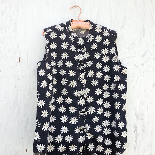 Mid Size / Bust 44 / Vintage 90s Black Cotton Sunflower Sleeveless Top by Bonjour / Large