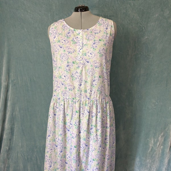 Plus Size / Bust 50 / Waist 52 / Hip 54 / Vintage 1980s Watercolor Floral Sleeveless Drop Waist Summer Dress by Fritzi Woman / 22 24 2X