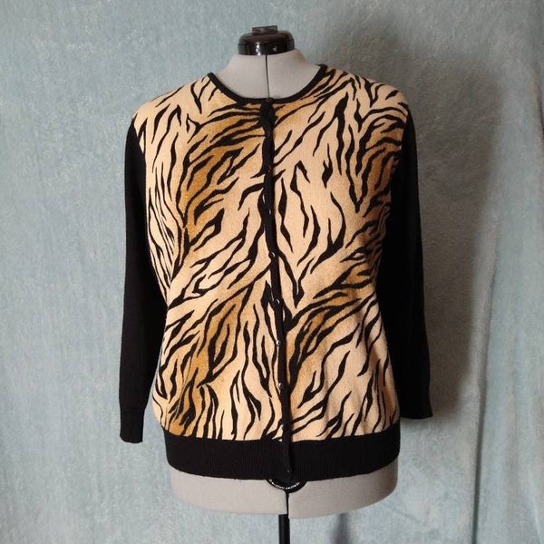 Plus Size / Bust 52 / Vintage 90s 00s Animal Print Black Button Cardigan Sweater