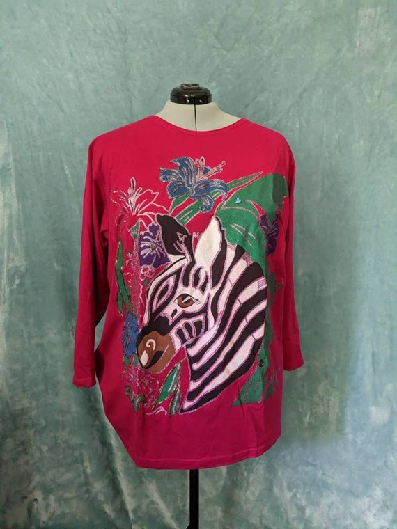 Plus Size / Bust 56 / Vintage 80s 90s Pink Zebra … - image 1