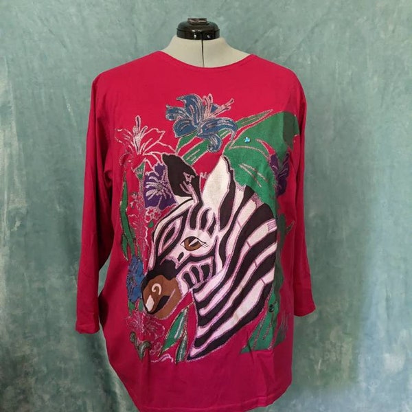 Plus Size / Bust 56 / Vintage 80s 90s Pink Zebra Glitter Paint Bedazzled Tee by Sweet Blondie / 2X 20 22 24