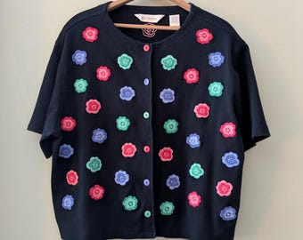 Plus Size Vintage Flower Power Short Sleeve Cardigan, tagged XL