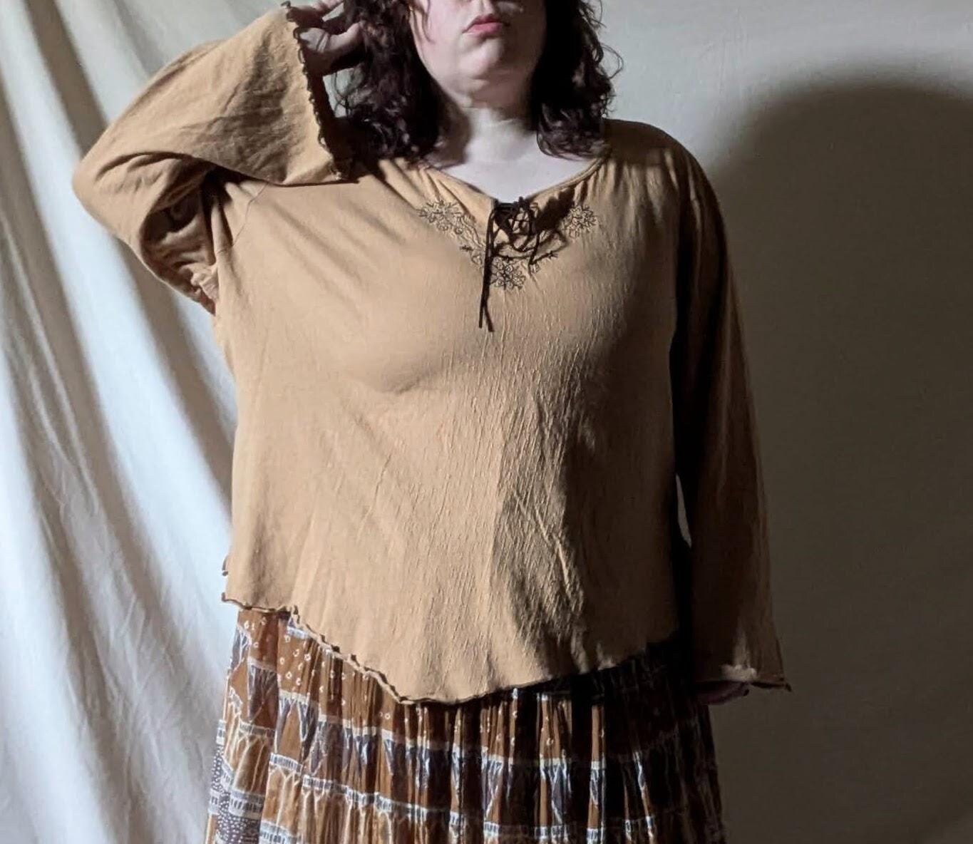 Plus Size / Bust 62 / Vintage 90s Y2K Warm Tan Western Hippie Top w Bell Sleeves by Faded Glory / 2X 3X 22/24