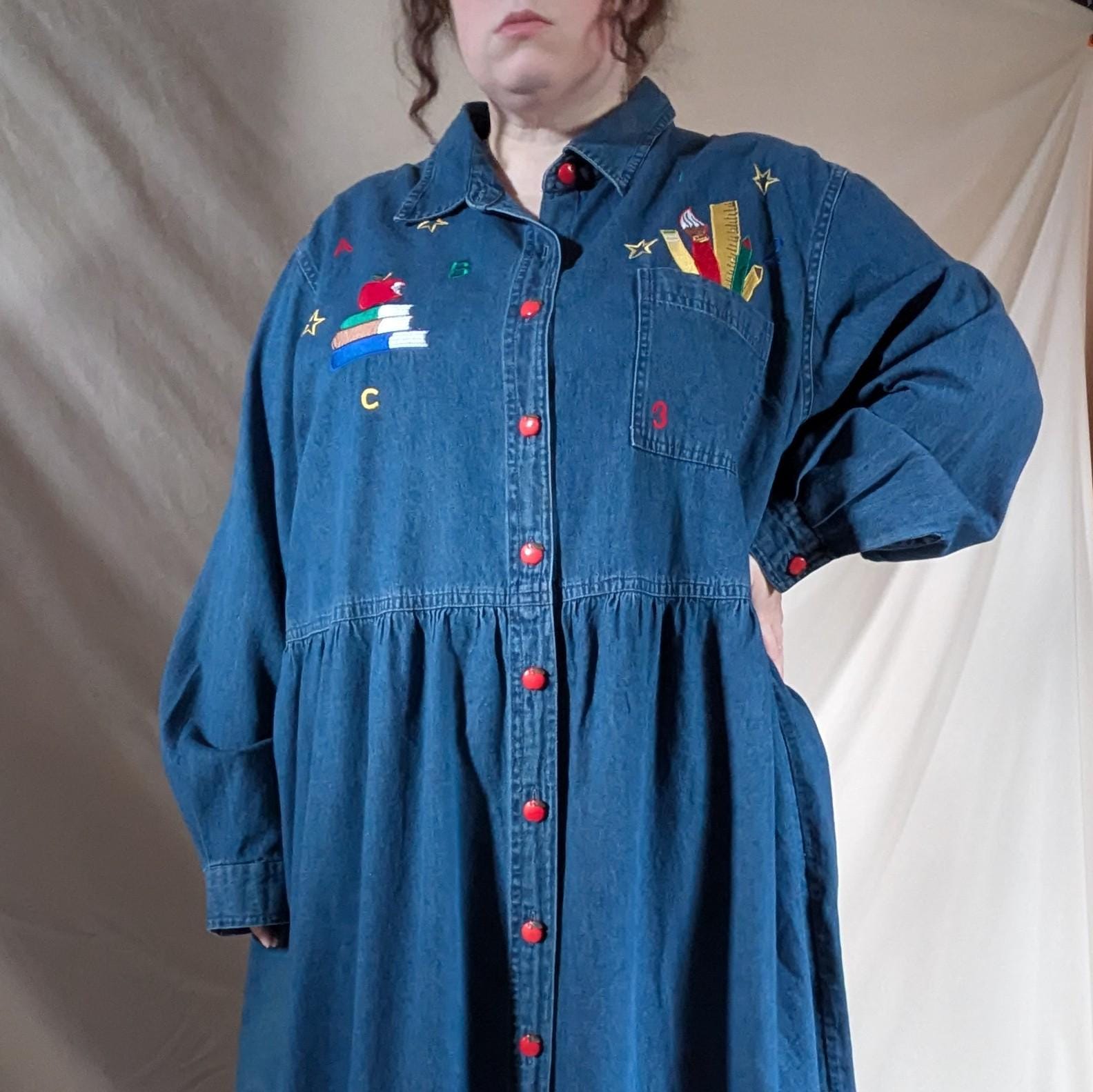 navy blue dress for baby girl Plus Size / Bust 60 / Waist 58 / Hips 74 / Vintage Roaman's Embroidered Denim  90s Teacher Dress W Apple Buttons / 4X 5X