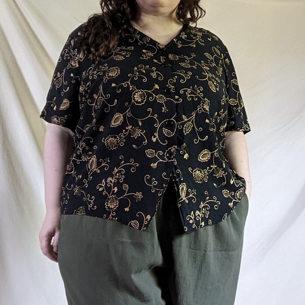 Plus Size / Bust 56 / Vintage 90s Black Yellow Rayon Botanical Print Top by Kathie Lee Woman / 26 28 3X