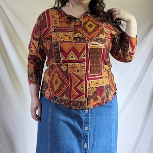 Plus Size / Bust 48 / Vintage 80s 90s Earth Tone Abstract Blouse by Plus Preferred / XL 1X 18