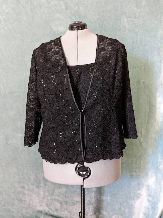 Plus Size / Bust 53 / Vintage Black Sequin Lace Match… - Gem