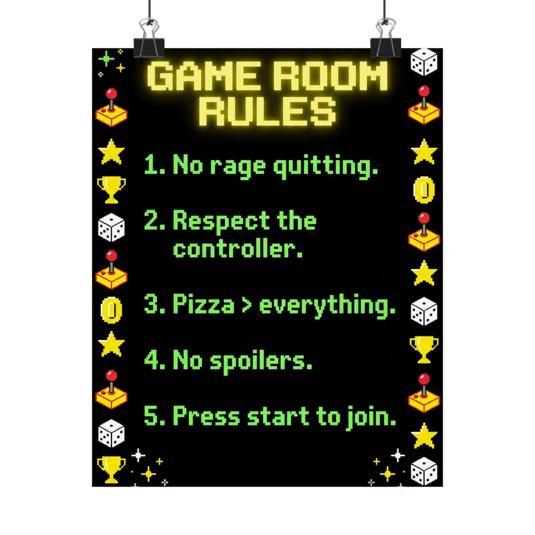 Game Room Rules Poster | Retro Gaming Wall Art | Pixel Art Print | Man ...