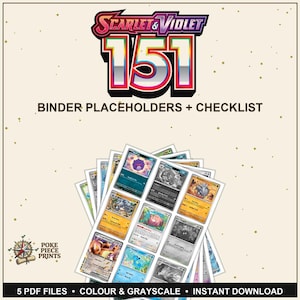 Op de afbeelding: Verzameling van kaarthouders en checklists voor verzamelkaarten met het thema "Scarlet & Violet 151". De kaarten worden in kleur en grijstinten weergegeven. De tekst luidt "5 PDF FILES • COLOUR & GRAYSCALE • INSTANT DOWNLOAD".