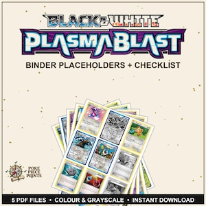 Könnte beinhalten: Eine Sammlung von Pokemon-Sammelkarten-Ordner-Platzhaltern und Checklisten. Das Design zeigt den Text "BLACK & WHITE PLASMABLAST" in einem lila-schwarzen Farbschema. Der Text "5 PDF FILES • COLOUR & GRAYSCALE • INSTANT DOWNLOAD" ist enthalten.