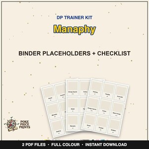 Könnte beinhalten: Ein DP Trainer Kit Manaphy Set mit Ordner-Platzhaltern und Checkliste, bestehend aus drei weißen Blättern mit gitterförmig angeordneten rechteckigen Feldern und Textbeschriftungen. Der Text lautet DP TRAINER KIT Manaphy BINDER PLACEHOLDERS + CHECKLIST.