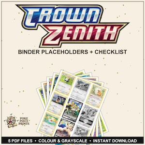 Op de afbeelding: Een crèmekleurige afbeelding met de woorden "CROWN ZENITH" in een gestileerd lettertype en de tekst "BINDER PLACEHOLDERS + CHECKLIST" eronder. De afbeelding bevat een waaier van kaarthouders en de tekst "5 PDF FILES • COLOUR & GRAYSCALE • INSTANT DOWNLOAD".