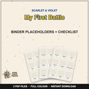 Könnte beinhalten: Ein digitales, druckbares Set mit Scarlet & Violet My First Battle Ordner-Platzhaltern und einer Checkliste. Das Design besteht aus weißen rechteckigen Karten mit schwarzem Text auf einem hellbeigen Hintergrund mit kleinen goldenen Punkten.